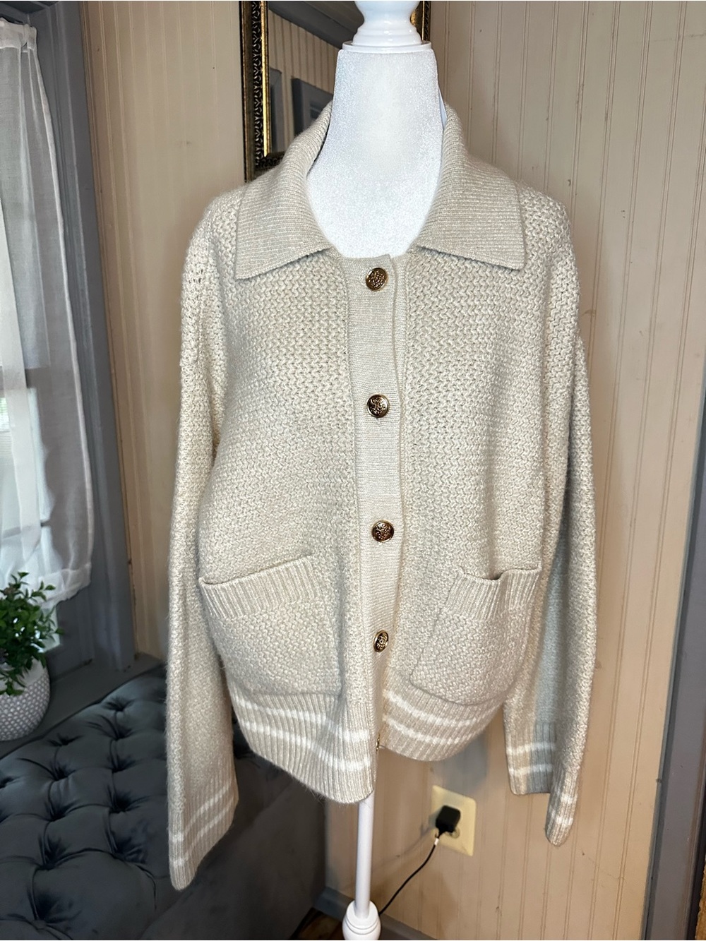 1.STATE NWT Cream Chunky Knit Cardigan M Soft Cozy Grandpa Style Sweater